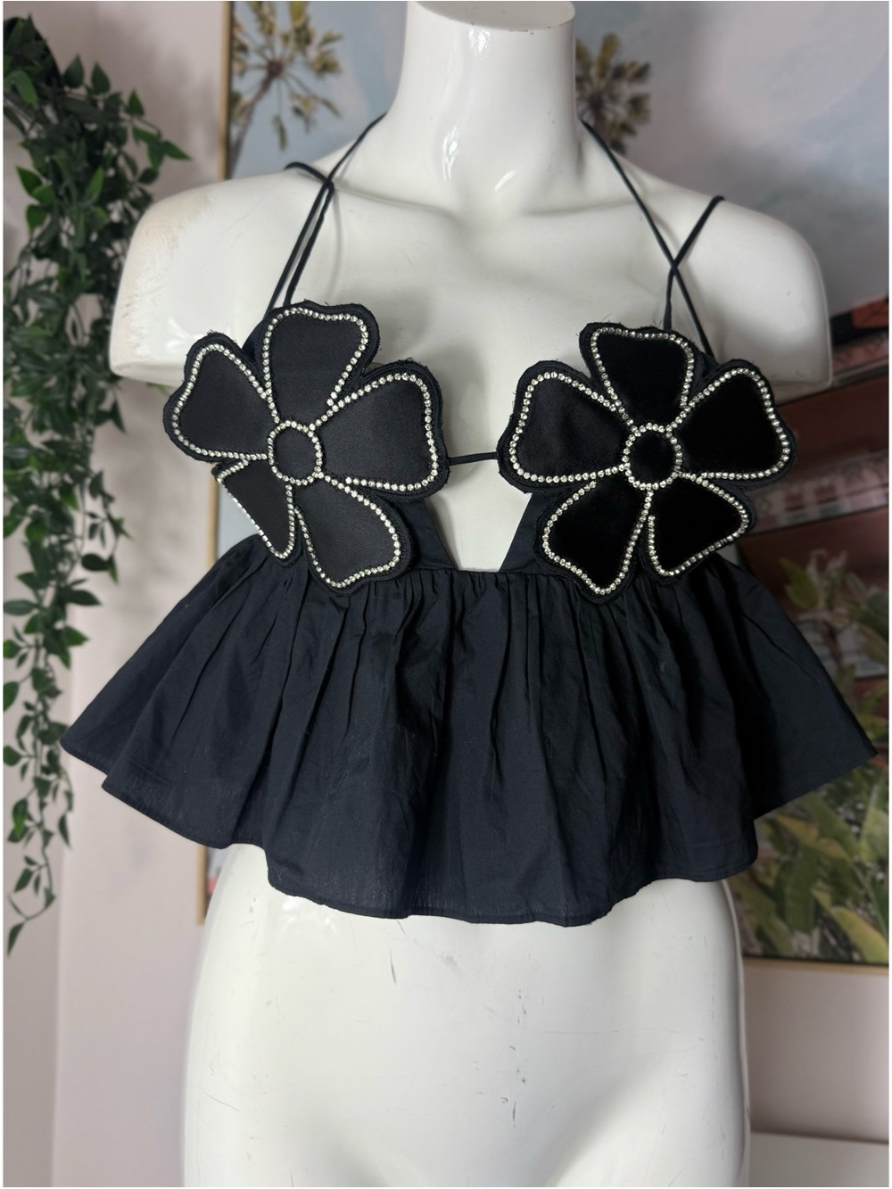Zara Black Flower Rhinestone Crop Top XS Poplin Peplum Halter Strappy Viral NWOT